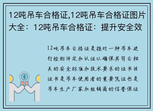 12吨吊车合格证,12吨吊车合格证图片大全：12吨吊车合格证：提升安全效能的必备认证