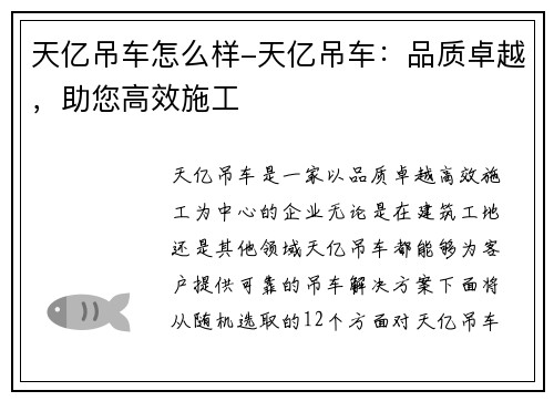 天亿吊车怎么样-天亿吊车：品质卓越，助您高效施工
