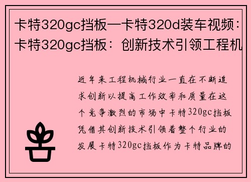 卡特320gc挡板—卡特320d装车视频：卡特320gc挡板：创新技术引领工程机械行业
