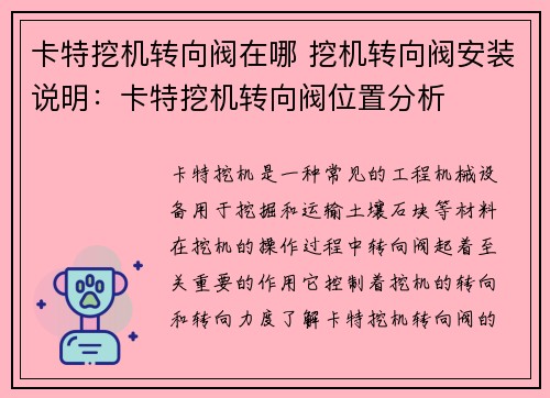 卡特挖机转向阀在哪 挖机转向阀安装说明：卡特挖机转向阀位置分析